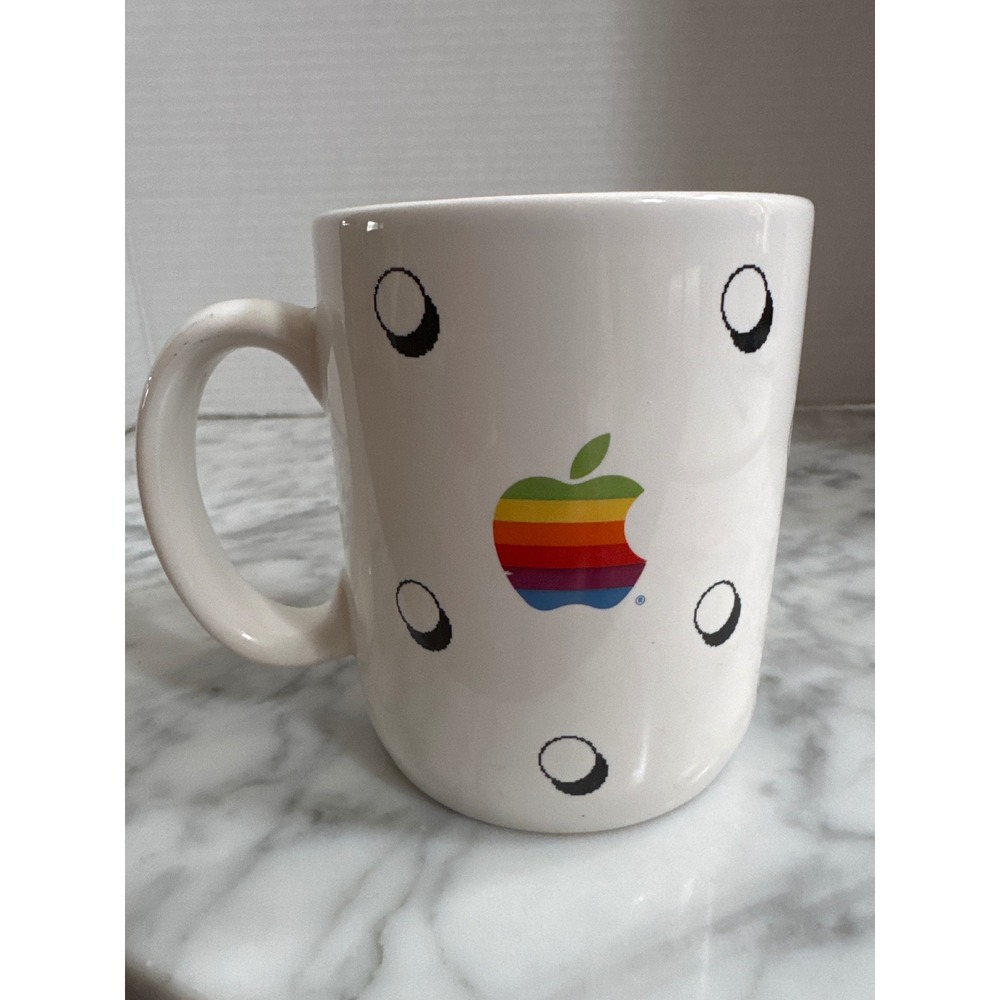 Vintage Apple Computer Rainbow Logo Mug Hand Decorated Papel White Polka Dot